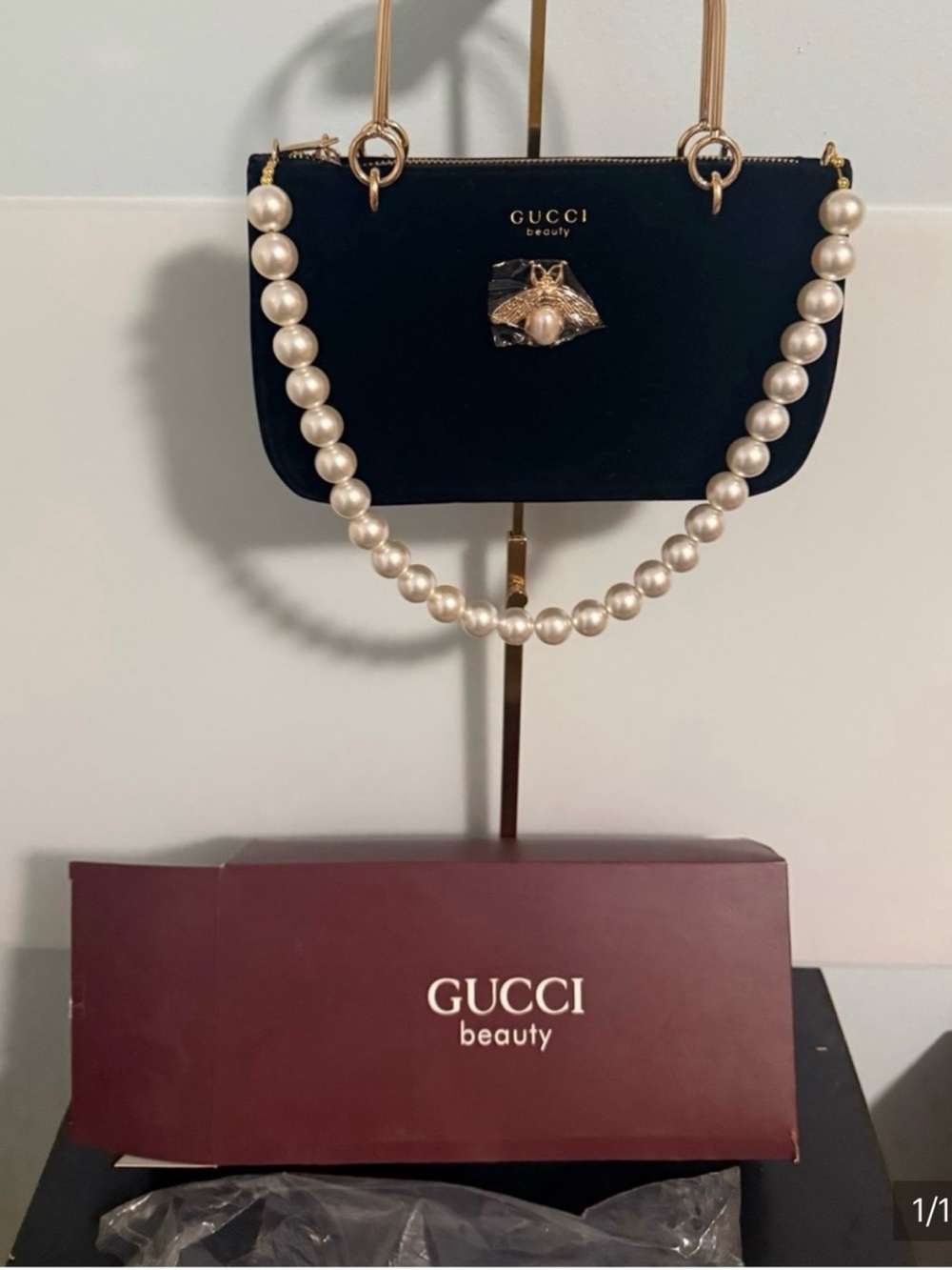Gucci Beauty Velvet Black Cosmetic Pouch With Gold Handles and a Pearl Drop